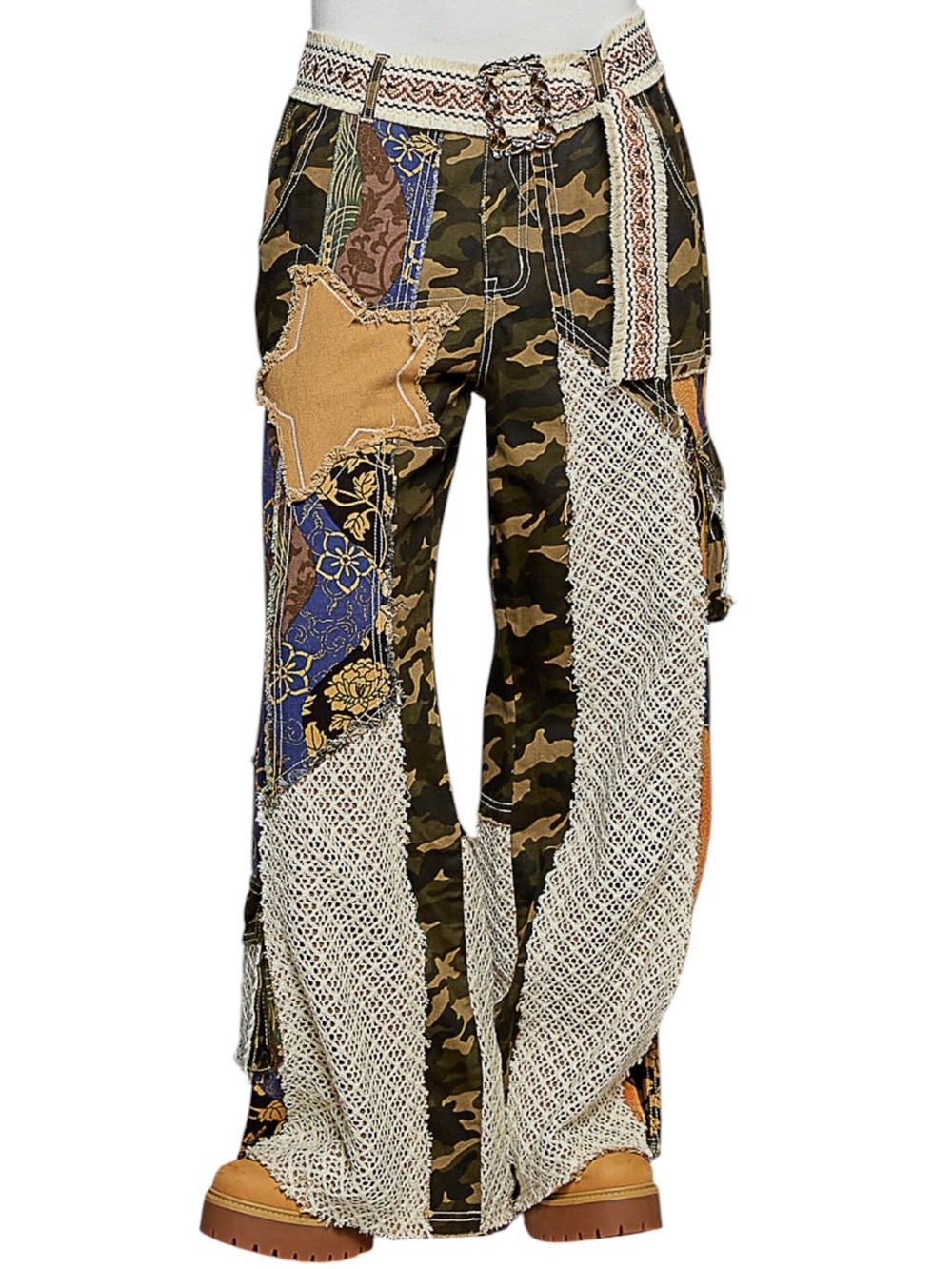 941. POL Women’s Camo/Blue Multi Patchwork Woven Twill Pants NEW - Picture 2 of 5